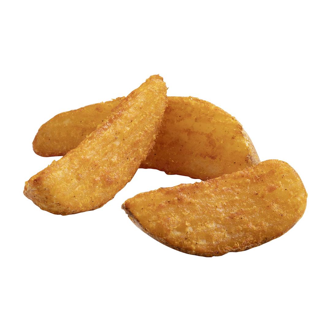 Sabrosas cuñas de papas de 6 cortes corte ondulado y sabrosa cobertura, con cáscara