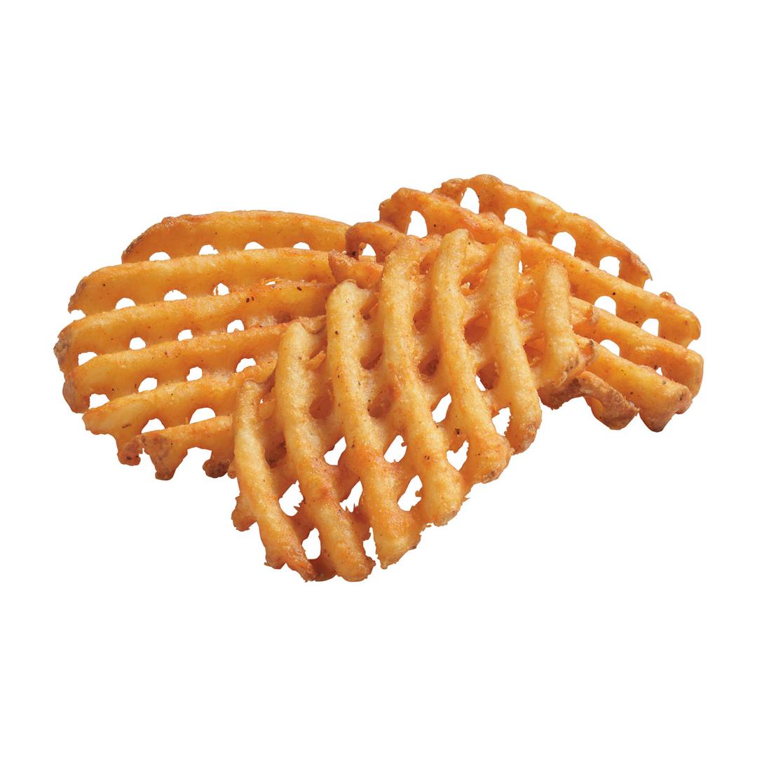 Deliciosas papas a la francesa corte lattice con sabrosa cobertura, con cáscara